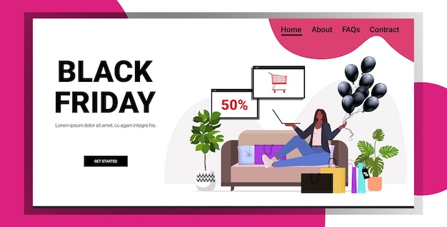 Vetor mulher afro-americana escolhendo produtos no laptop compras online preto sexta-feira grande venda feriado descontos conceito sala de estar interior cópia espaço