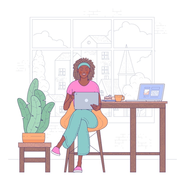 Vetor mulher afro-americana freelancer trabalhar de ilustração plana em casa.