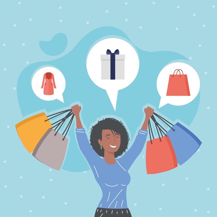 Vetor mulher afro com personagem de sacolas de compras