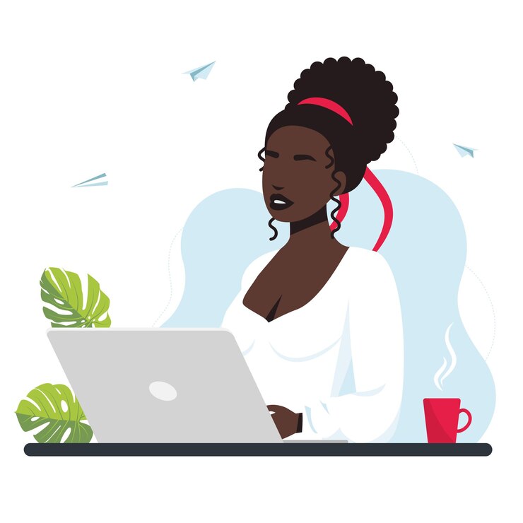 Vetor mulher afro trabalhando no laptop ou computador em casa com uma xícara de café conceito de escritório em casa uma mulher trabalhando em casa estudante ou freelancer ilustração vetorial estilo plano trabalho remoto freelance