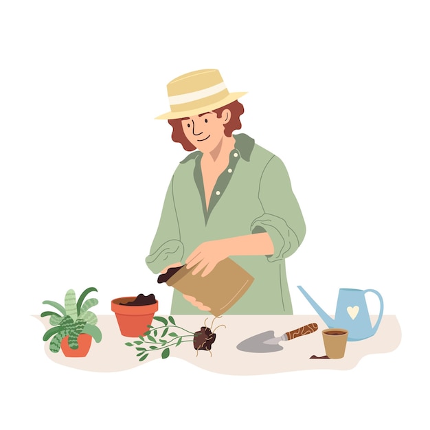 Mulher alegre replantas para plantas em vaso Conceito de jardinagem em casa e cuidado de plantas de casa Vector plano