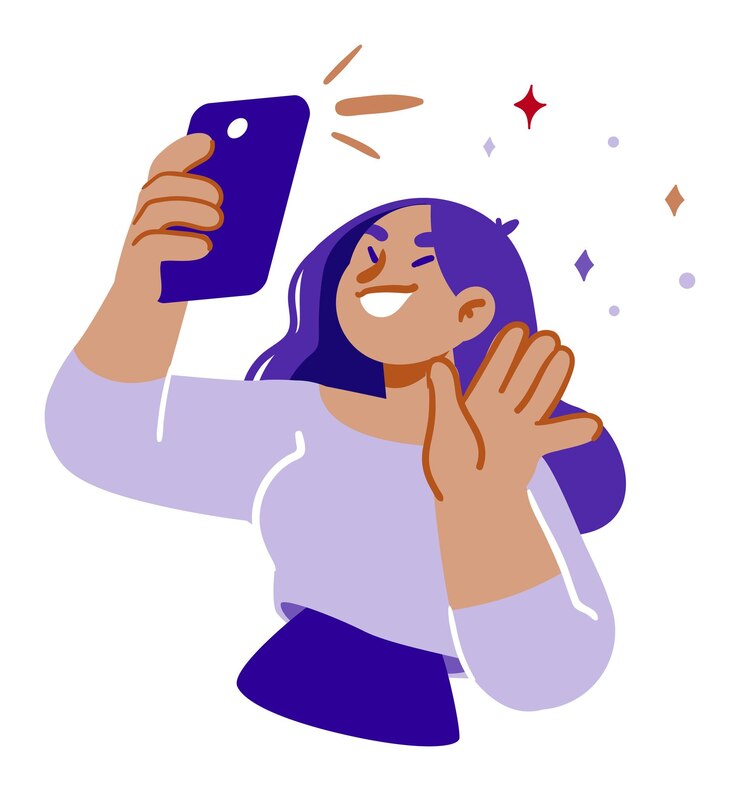 Vetor mulher alegre tirando selfie com smartphone