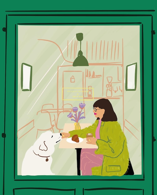 Mulher alimentando seu cachorro enquanto estão sentados juntos no café ilustração vetorial