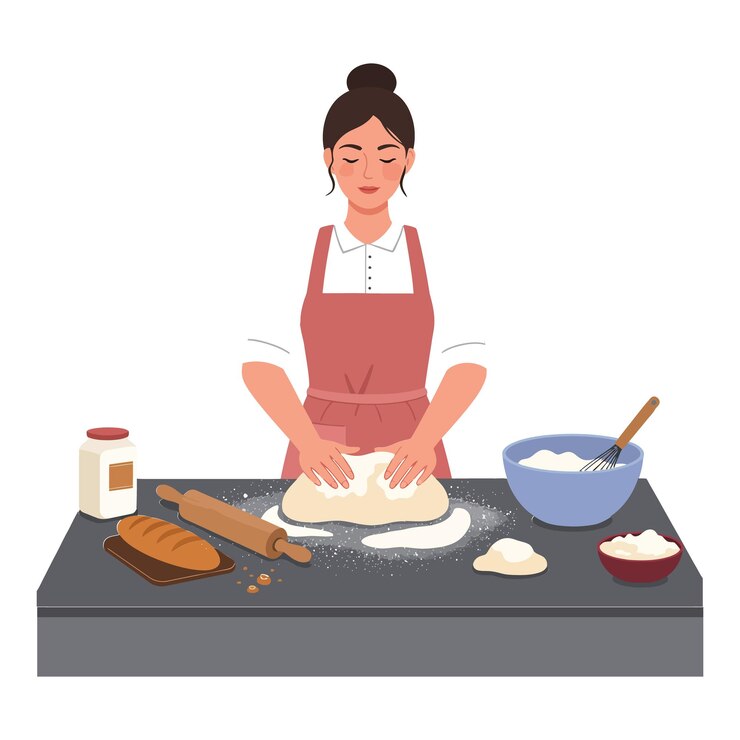 Vetor mulher amassando massa no balcão da cozinha com suprimentos de panificação e ingredientes ao redor