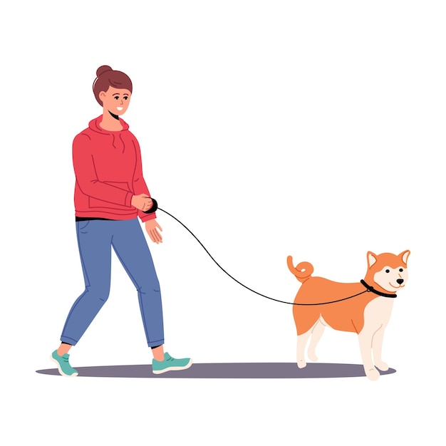 Mulher andando com animal de estimação na coleira ilustração plana vetorial fêmea passeando na rua com cachorro