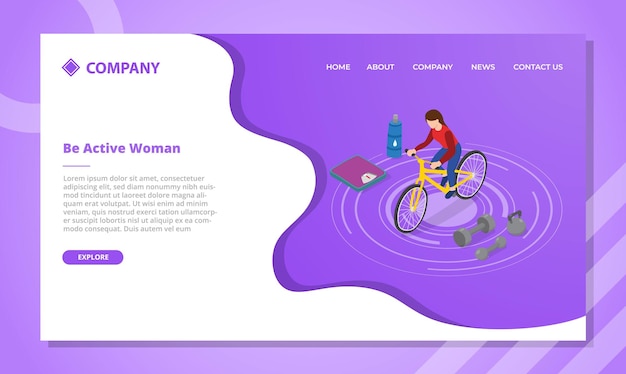 Mulher andando de bicicleta para modelo de site ou página inicial de aterrissagem com estilo isométrico