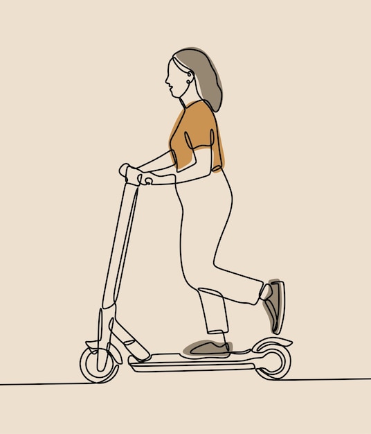 Mulher andando de scooter on-line arte em linha contínua