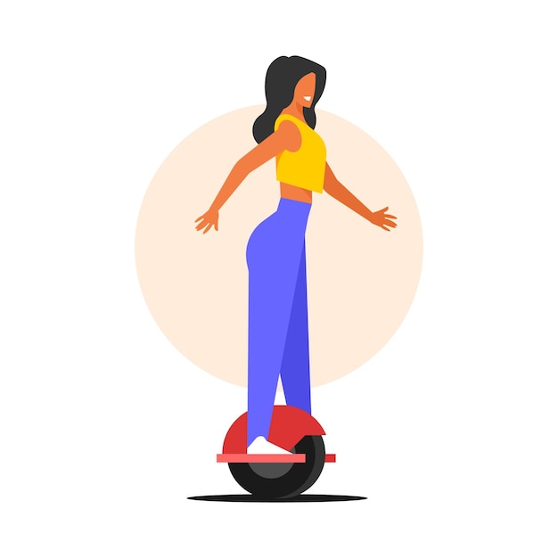 Mulher andando em uma ilustração vetorial de scooter elétrica em estilo plano