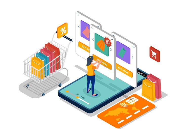 Mulher apertar o botão de compra na loja online no celular. Modelo de ilustração isométrica de comércio eletrônico com personagem.