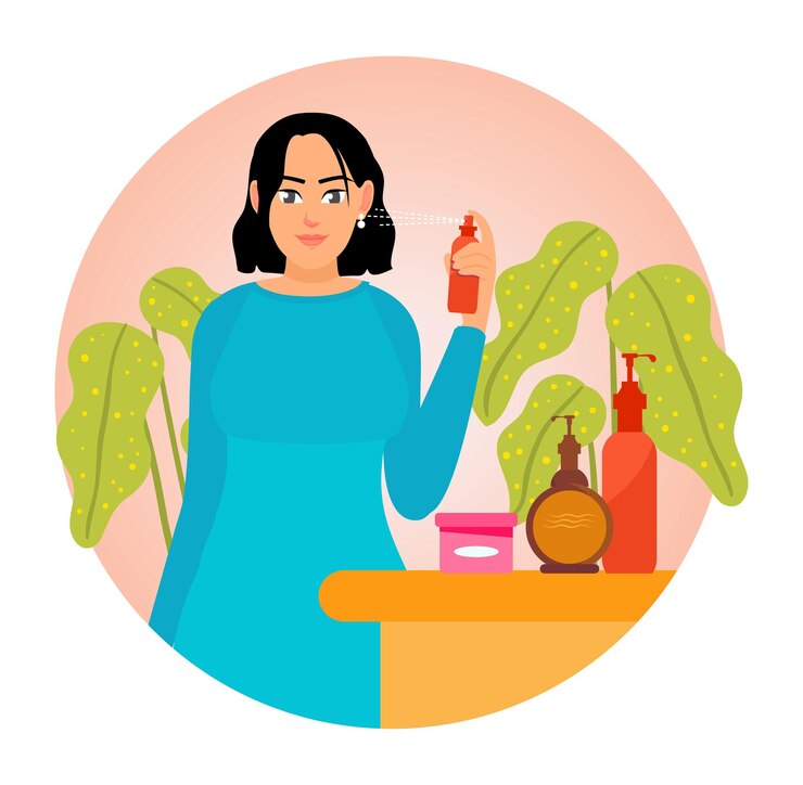 Vetor mulher aplicando spray facial em um ambiente aconchegante com produtos de beleza e plantas