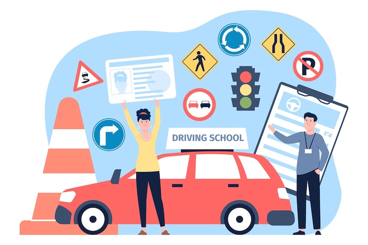 Vetor mulher aprendendo na escola de condução e tirando carteira de motorista educação na escola de automobilismo estudo de sinais e regras e exame ilustração vetorial plana recente