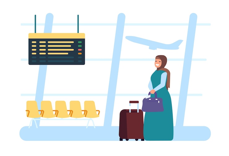 Vetor mulher árabe muçulmana fica no aeroporto com bagagem viagem de avião fêmea em roupas tradicionais do islã transporte de avião árabe em hijab esperando o embarque no avião conceito de vetor