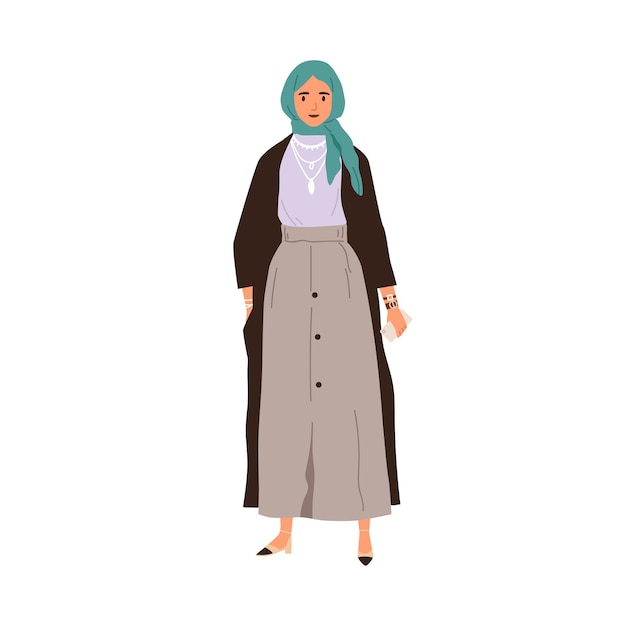 Mulher árabe muçulmana vestindo hijab e saia. mulher árabe moderna no lenço na cabeça em vestuário casual de moda. pessoa saudita elegante com roupa elegante. ilustração em vetor plana isolada no fundo branco