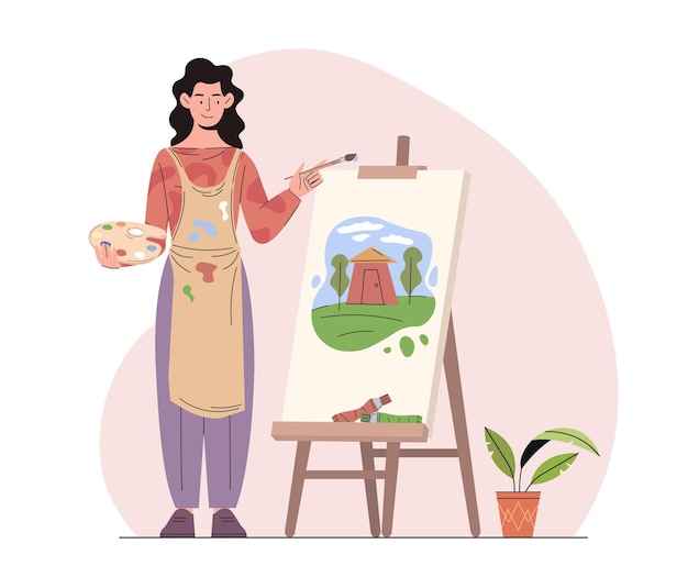Mulher artista no local de trabalho conceito jovem com pincel e pinturas criatividade e caráter artístico