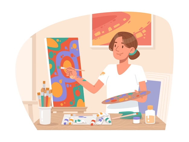 Vetor mulher artista pinta um quadro abstrato com tintas a óleo hobby ou pintura profissional _ai_generated