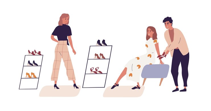Vetor mulher às compras na loja de sapatos de varejo escolhendo calçados com a ajuda do vendedor e estilista ou consultor de moda pessoal. ilustração em vetor plana colorida dos desenhos animados isolada no fundo branco.