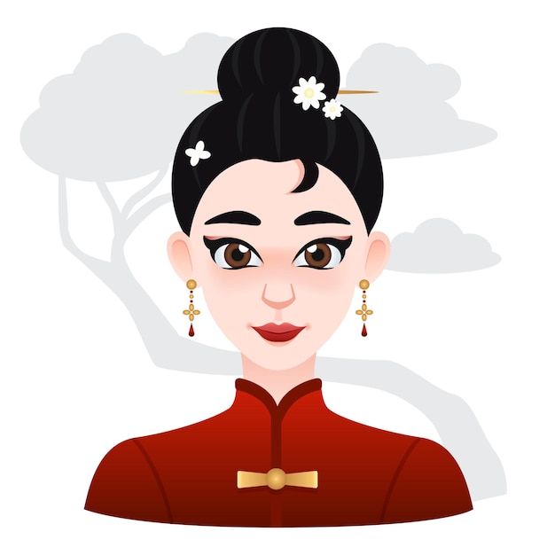 Mulher asiática bonita dos desenhos animados cabelo preto com flores clip na ilustração oriental superior para jogo na web ou vetor de publicidade