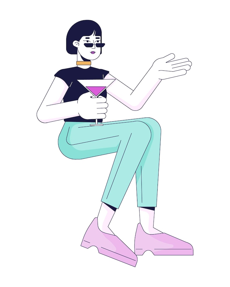 Vetor mulher asiática com copo de coquetel personagem de desenho animado linear 2d
