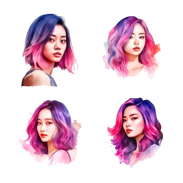 Mulher asiática com lob violeta e gradiente rosa cabelo coleção de pintura em aquarela