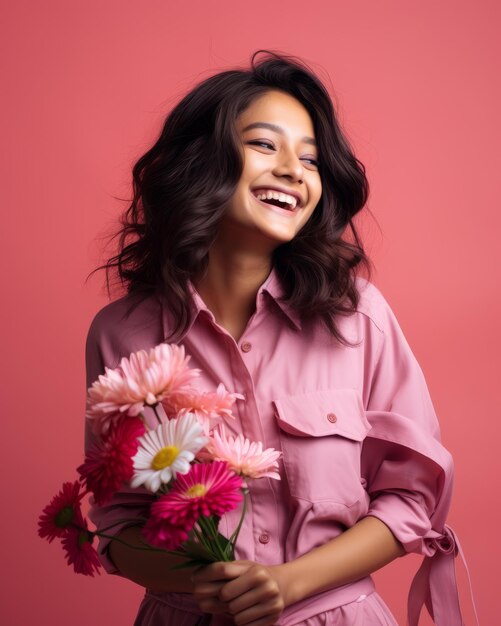 Vetor mulher asiática feliz com flores em fundo rosa