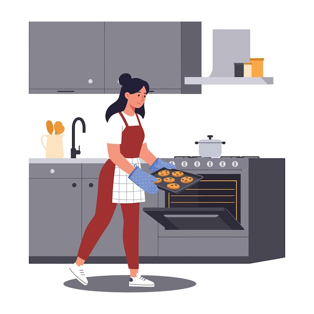 Mulher assando biscoitos em cozinha moderna ilustração vetorial plana
