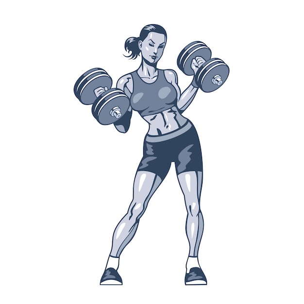 Mulher atlética e atraente fitness com ilustração vetorial de halteres