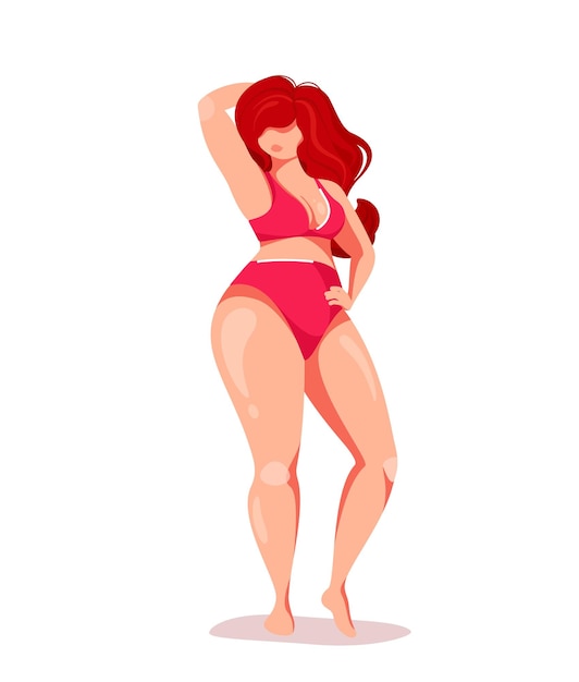 Mulher atraente com excesso de peso em trajes de banho rosa isolados no fundo branco