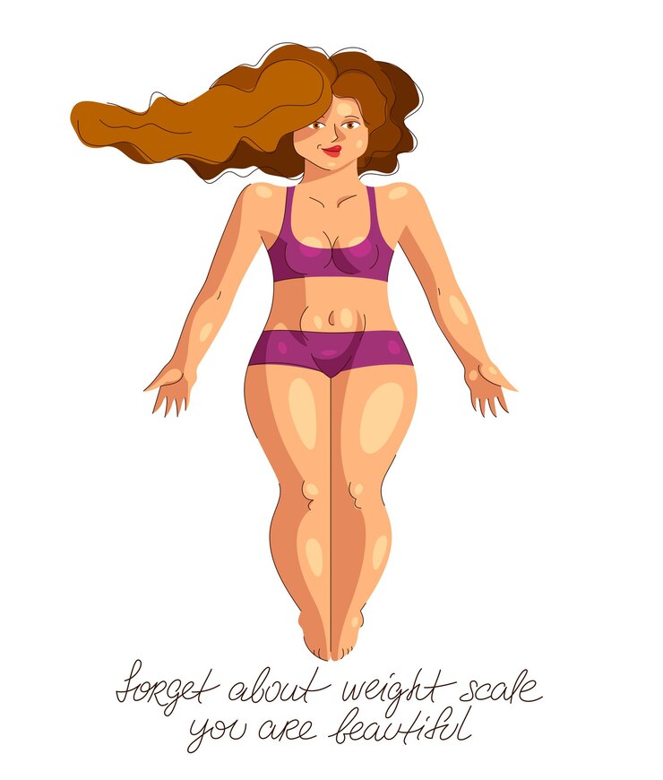 Vetor mulher atraente e sexy plus size isolada em branco, conceito de ilustração vetorial de positividade corporal, saúde e felicidade, amar e aceitar sua ideia de corpo.