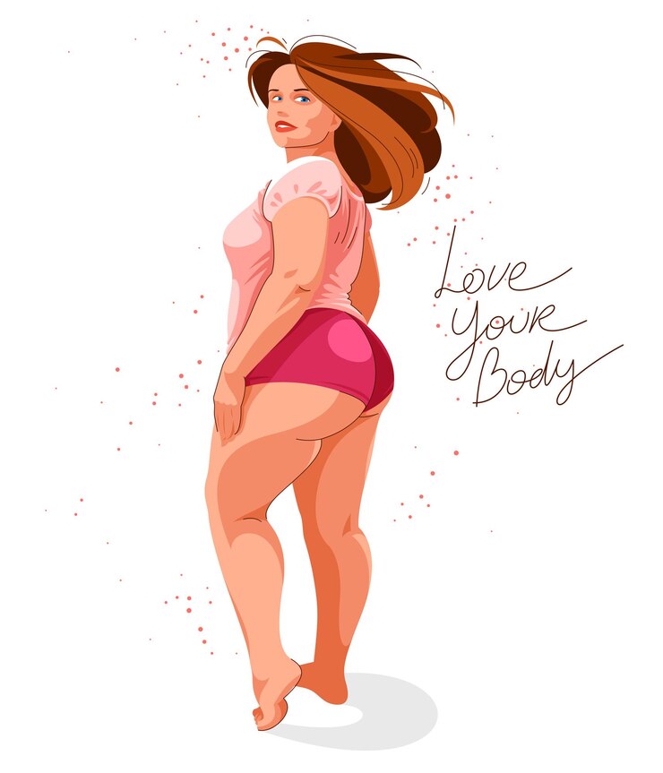 Vetor mulher atraente e sexy plus size isolada em branco, conceito de ilustração vetorial de positividade corporal, saúde e felicidade, amar e aceitar sua ideia de corpo.