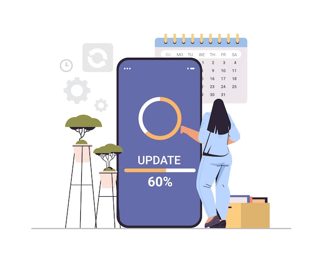mulher atualizando o processo de atualização do sistema operacional instalar novo software na ilustração vetorial horizontal de comprimento total do smartphone