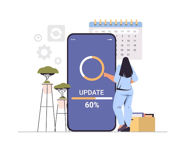 Mulher atualizando o processo de atualização do sistema operacional instalar novo software na ilustração vetorial horizontal de comprimento total do smartphone