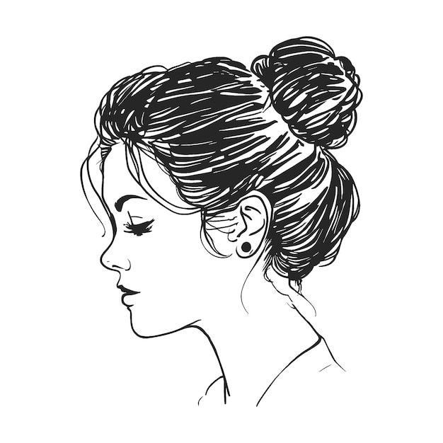 Vetor mulher bagunçada estilo de cabelo vista lateral preto e branco ilustração vetorial