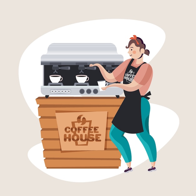 Mulher barista de uniforme fazendo café na máquina de café no balcão do café ilustração vetorial de corpo inteiro