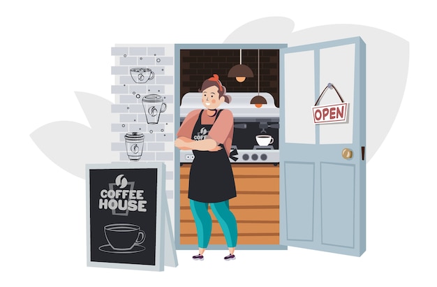 Mulher barista de uniforme trabalhando em ilustração vetorial horizontal de café café conceito de casa de café