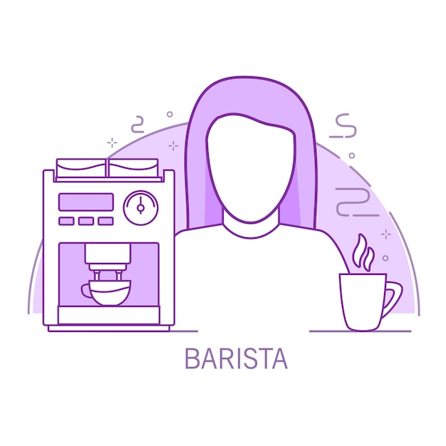 Mulher barista delineia personagem de desenho animado com uma cafeteira e uma xícara. bebida quente. vetor de arte de linha.