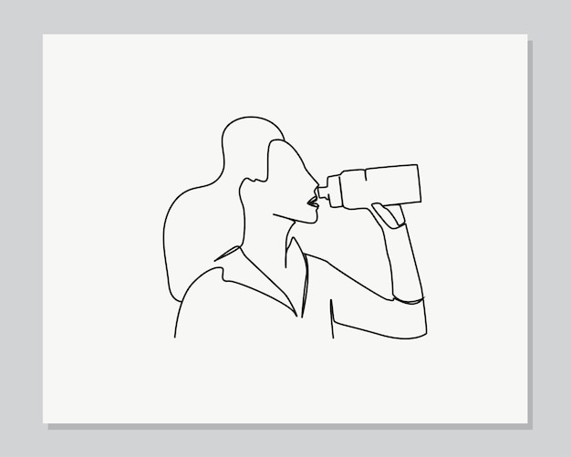 Mulher bebendo água enquanto pratica uma ilustração de uma linha contínua