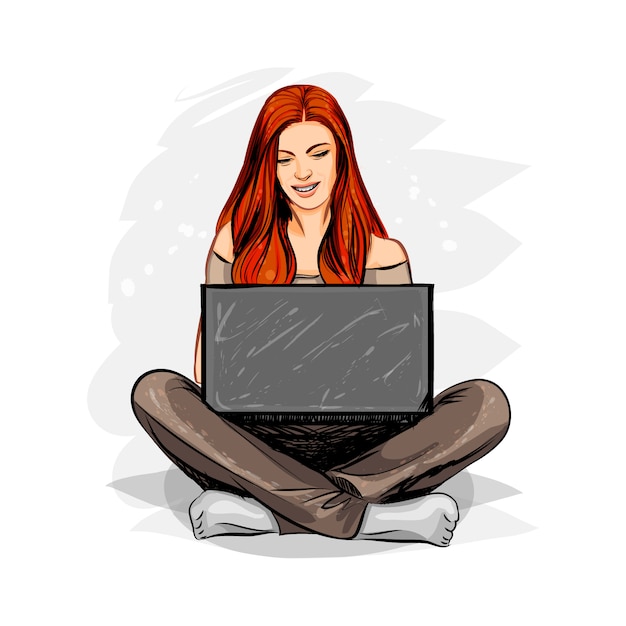 Mulher blogger trabalhando no laptop. ilustração vetorial realista de tintas