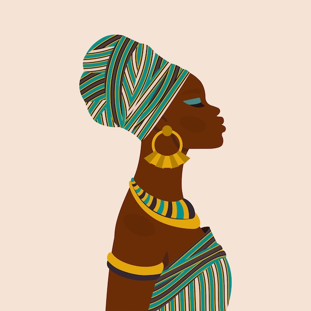 Mulher bonita africana personagem de etnia feminina no vestido nacional ornamentos turbante arte do retrato jovem garota afro-americana para beleza de moda de cartão de avatar ilustração plana de desenho vetorial