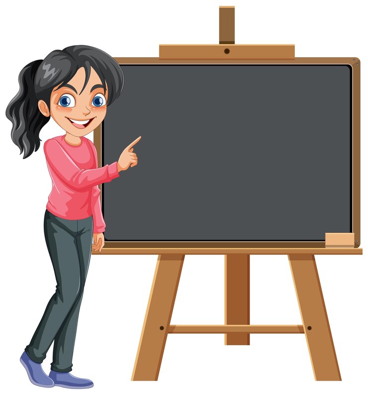 Vetor mulher bonita apontando para o personagem de desenho animado do quadro vazio