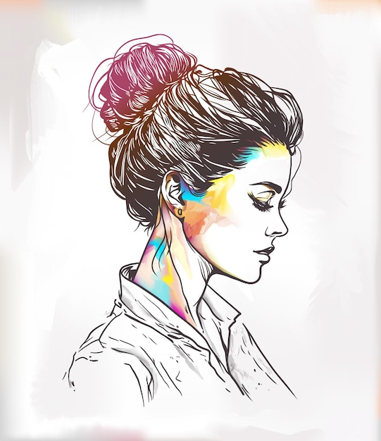 Mulher bonita com arte de linha de penteados de coque bagunçado com pincelada artística colorida