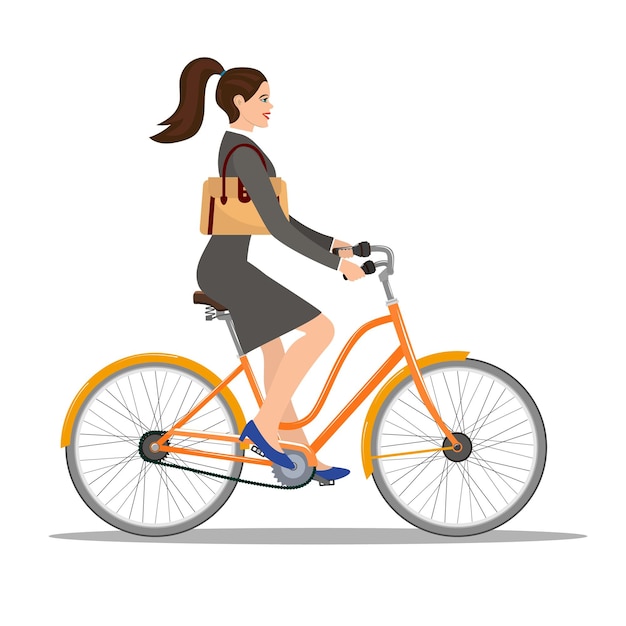 Mulher bonita com bolsa anda de bicicleta. Ilustração vetorial no design plano. Isolado em um fundo branco