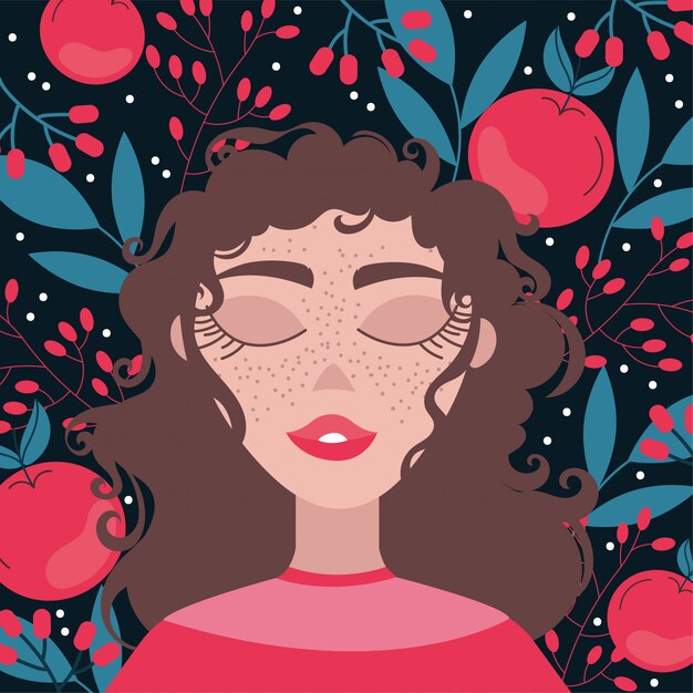 Mulher bonita com cabelo castanho e decoração floral
