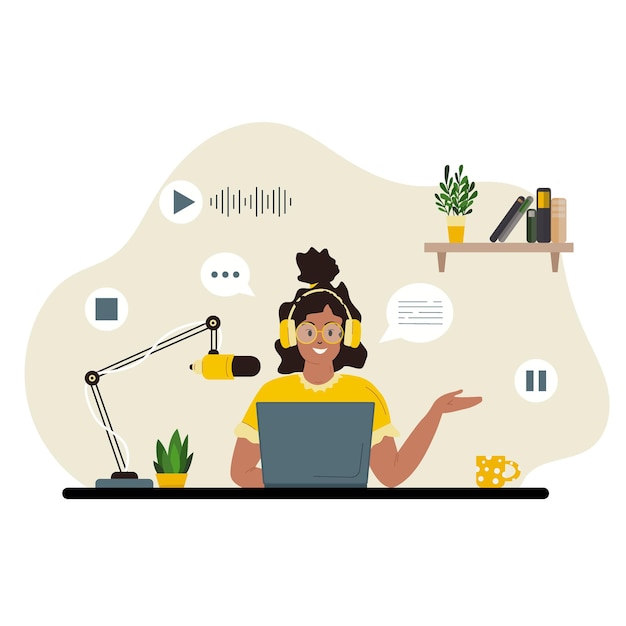 Mulher bonita com fones de ouvido fala no microfone gravando áudio transmissão conceito de podcast