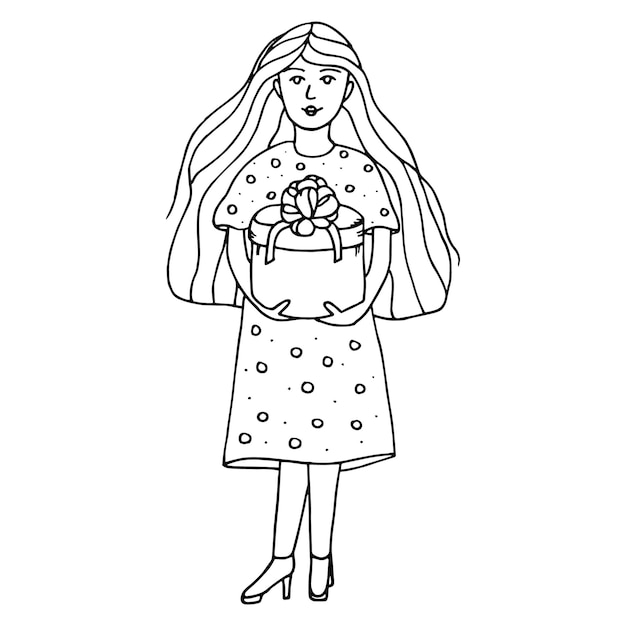 Mulher bonita com um presente nas mãos um elemento de design ilustração vetorial no estilo doodle