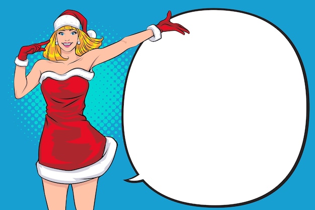 Mulher bonita e sorridente de Natal com a mão levantada mostrando copyspace Estilo Pop Art Comic