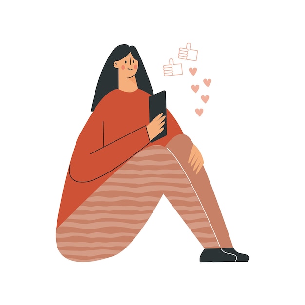 Mulher bonita fazendo selfie e comunicação com seguidores. blogueiro ou vlogger criativo de personagem feminino. influenciador jovem adulto. ilustração em vetor plana dos desenhos animados isolada no branco