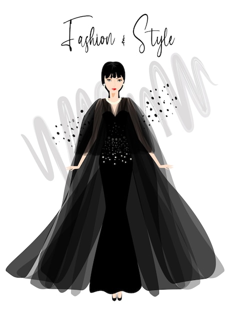 Mulher bonita na ilustração de moda de vestido preto de elegância