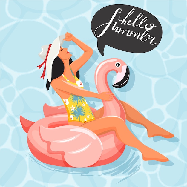 Mulher bonita que flutua e que sunbathing no anel inflável na forma do flamingo na piscina. design de slogan