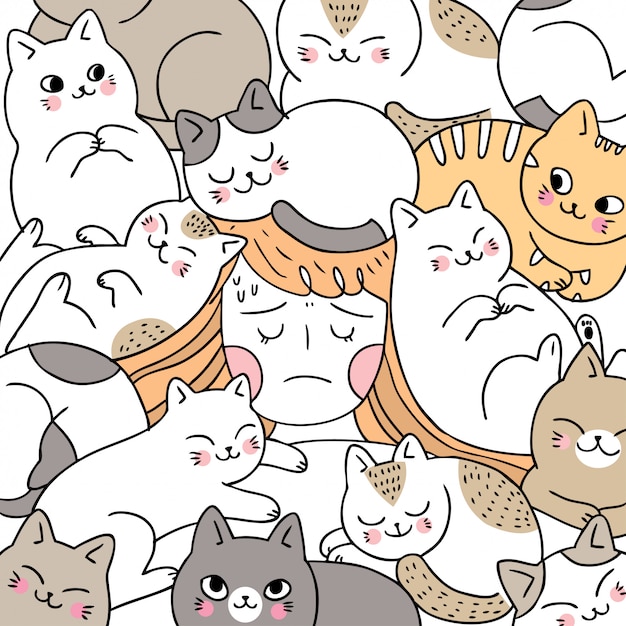 Mulher bonito dos desenhos animados, dormindo com gatos