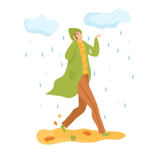Vetor mulher caminhando chuva casaco de chuva verde mão para pegar gotas de chuva expressão alegre desfrutando do outono